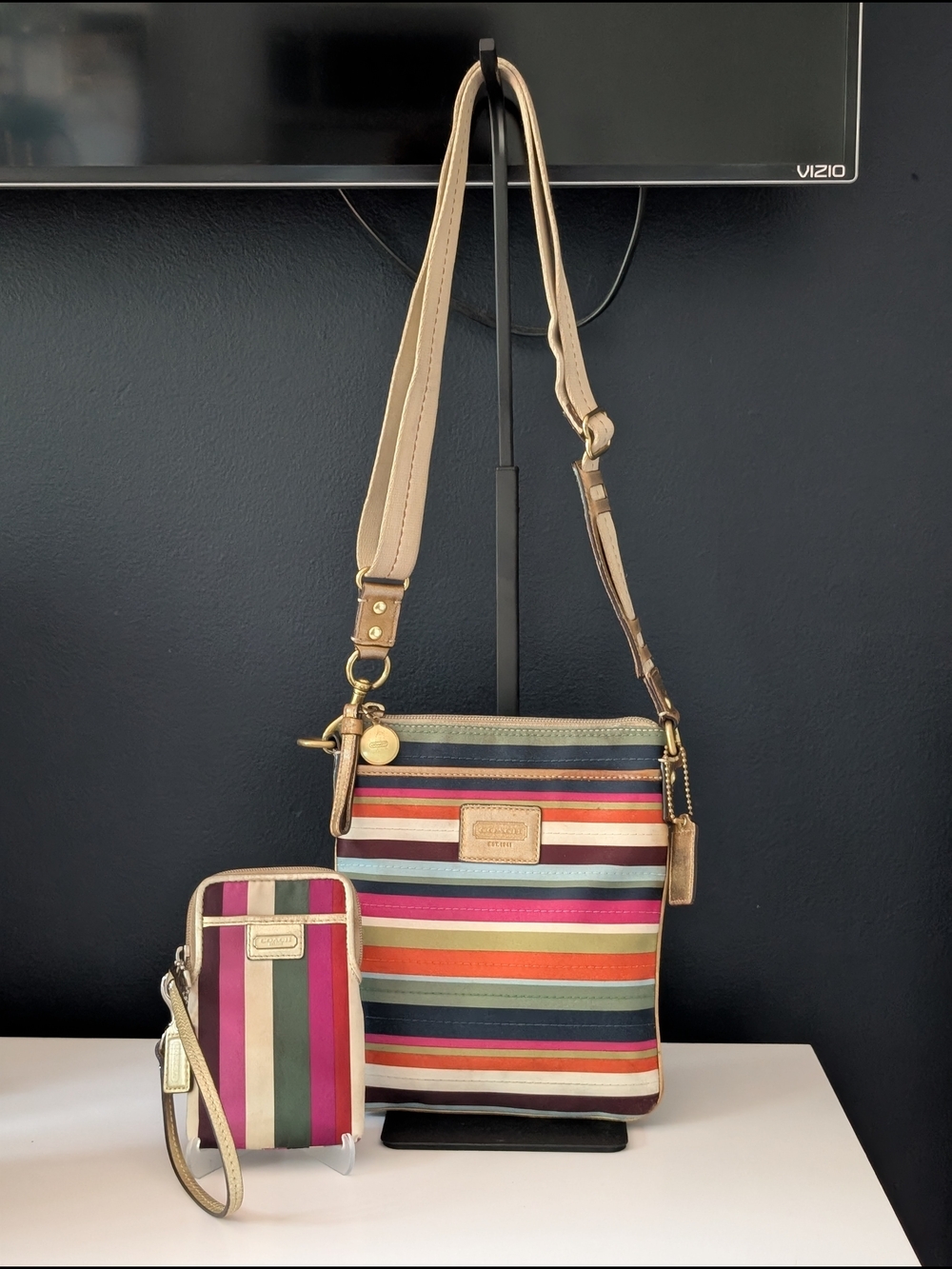 Coach Legacy Stripe Swingpack Crossbody Bag and Matching Striped Wristlet